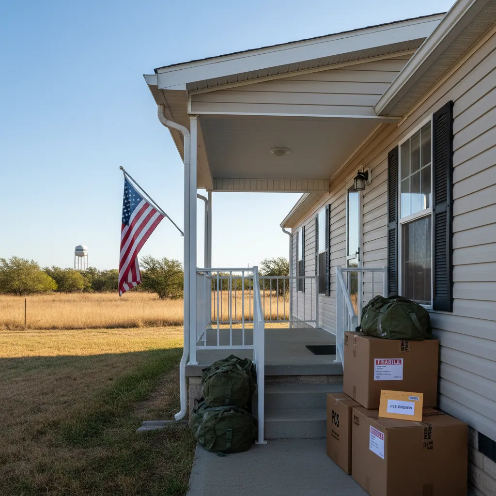 US Army duffel bags and PCS orders on the porch of a Texas manufactured home near a military installation