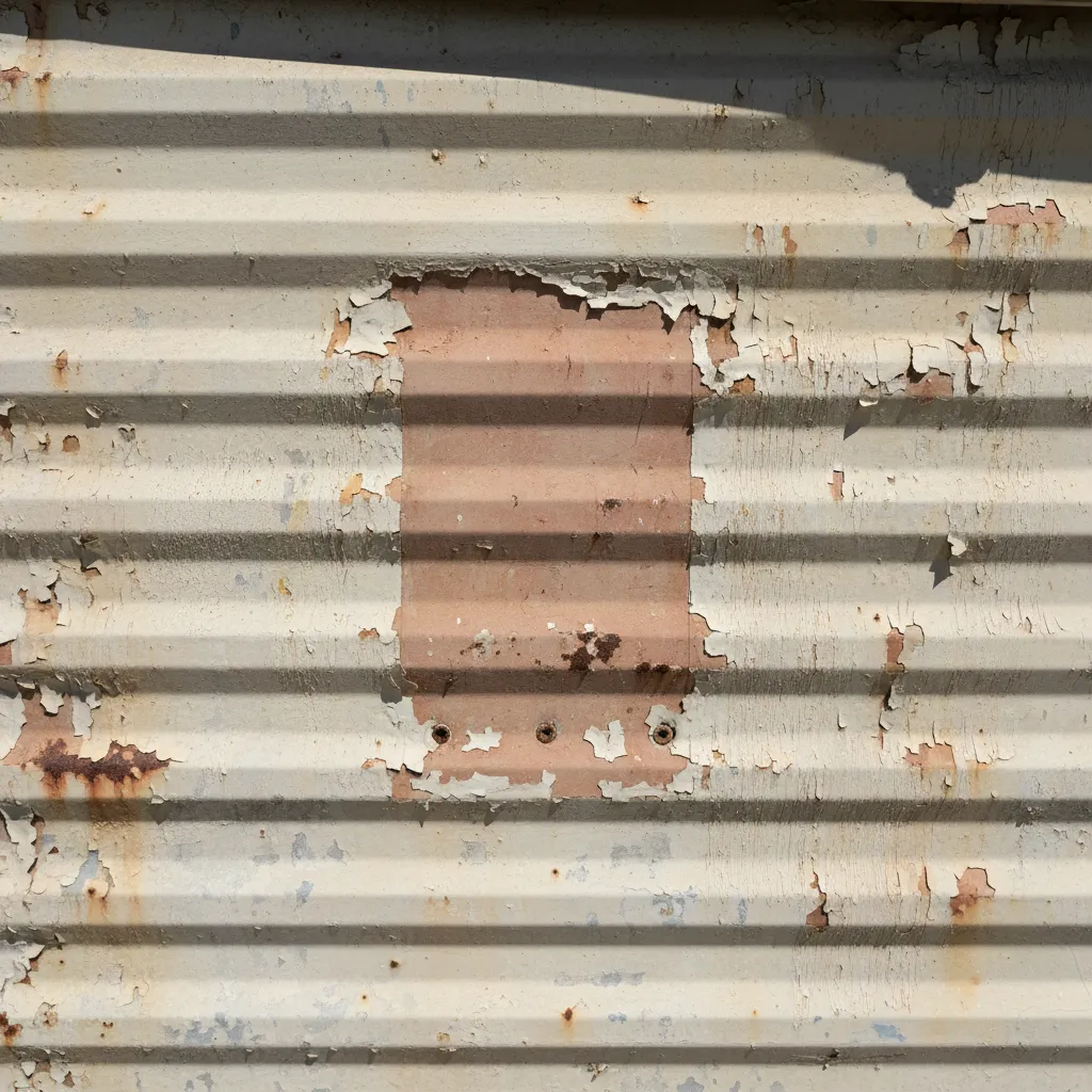 Close-up of manufactured home exterior wall where a HUD certification tag would be mounted, paint peeling