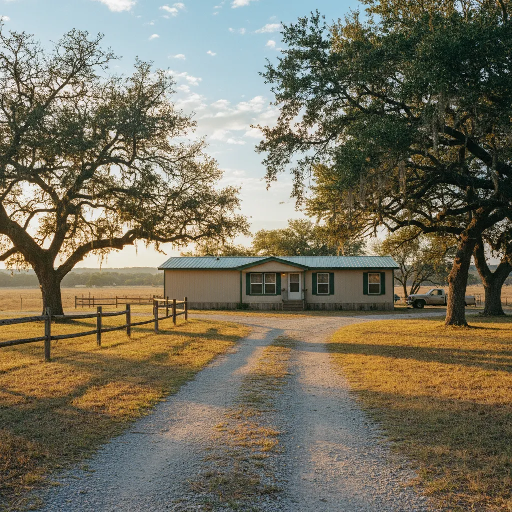 Single-wide manufactured home on rural family-owned acreage in central Texas with mature oak trees