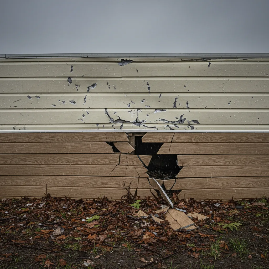 Hail-dented metal siding and cracked skirting on a central Texas manufactured home after a storm